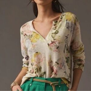 Anthropologie | Lightweight Floral Cream Split Neck Linen Blend Top XL